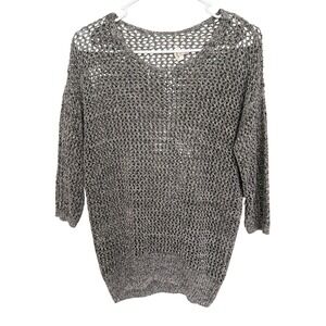 Wilfred Aritzia Gray Linen Blend Open Knit Mesh Sweater Medium 3/4 Sleeve Scoop